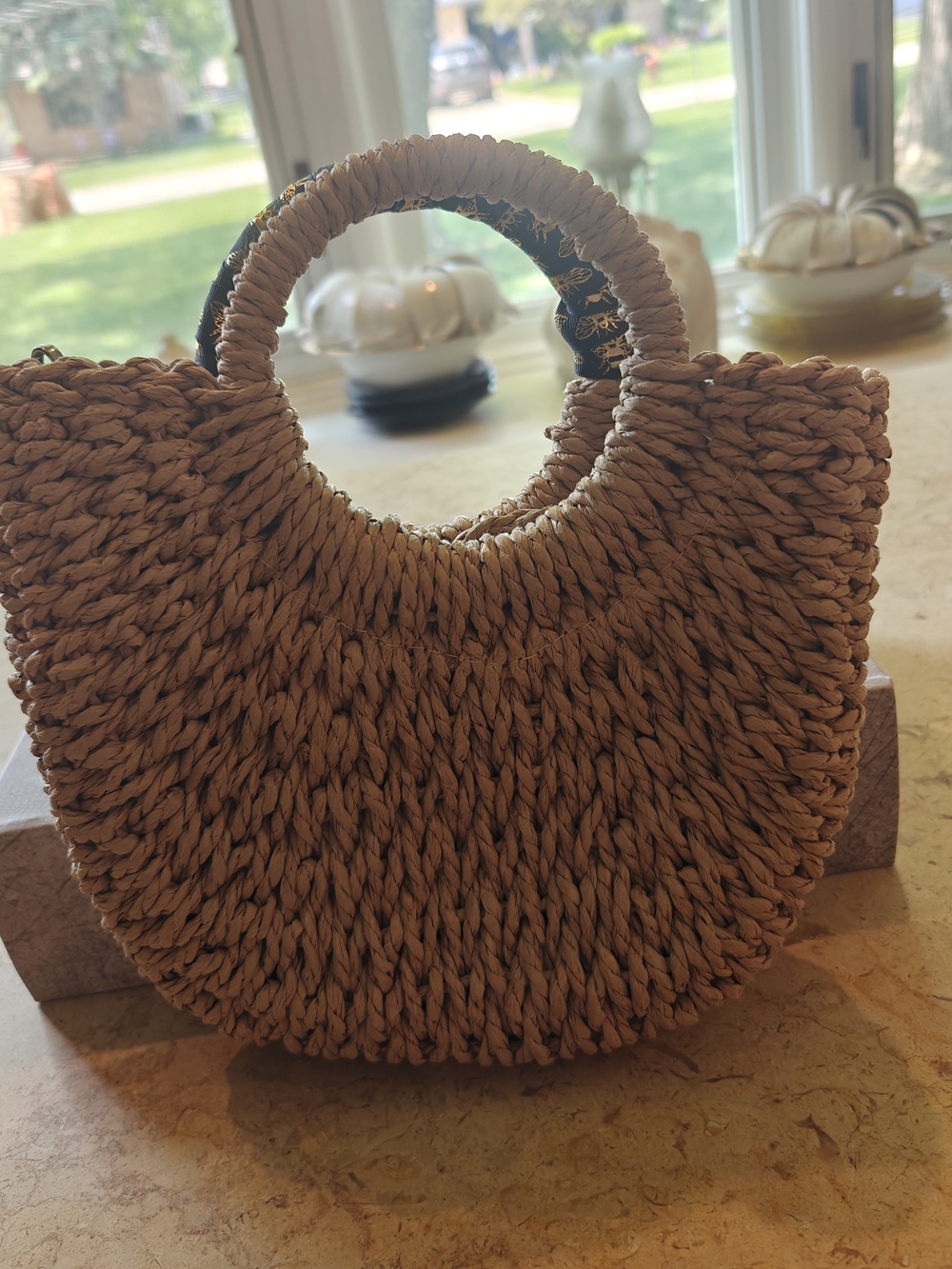 Woven Straw Circle Tote Bag with Bee Ribbon Rapped Handle And GG Charm - Picture 3 of 4